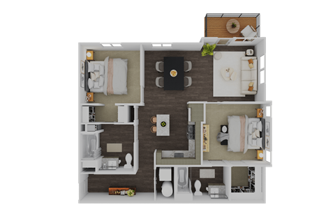 Floor plan for 2 beds, 2 baths, 1078 sqft